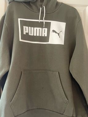 Puma Men's Olive Green Hoodie with White Logo